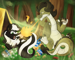Size: 2500x2000 | Tagged: safe, artist:euspuche, oc, oc only, oc:kindling the dragon, oc:zenawa skunkpony, dragon, earth pony, hybrid, pony, skunk, skunk pony, camping, claws, countershading, dragon oc, earth pony oc, eating, fire, fire breath, food, forest, gay, high res, hybrid oc, interspecies, lidded eyes, lying down, male, marshmallow, non-pony oc, open mouth, outdoors, pale belly, paws, prone, roasting, s'mores, sitting, stallion, tail, tent, underfoot