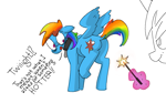 Size: 1293x801 | Tagged: safe, artist:s410, rainbow dash, twilight sparkle, pegasus, pony, unicorn, g4, branding, branding iron, butt, collar, dithering, english, female, magic, mare, partially open wings, plot, simple background, telekinesis, text, white background, wings