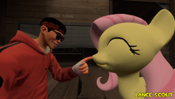 Size: 1920x1080 | Tagged: safe, artist:lancescout, fluttershy, human, pegasus, g4, 3d, boop, duo, duo male and female, eyes closed, female, gmod, happy, male, scout (tf2), smiling, sunglasses, team fortress 2, watermark