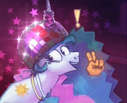 Size: 1920x1562 | Tagged: safe, artist:alumx, princess celestia, alicorn, pony, g4, disco ball, exclamation point, female, glowstick, hand, hat, magic, magic hands, mare, open mouth, open smile, peace sign, smiling, solo