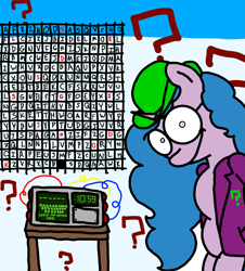 Size: 3023x3351 | Tagged: safe, artist:professorventurer, izzy moonbow, pony, unicorn, semi-anthro, g5, bipedal, blazer, bomb, bowler hat, clothes, dc comics, female, grid, hat, head tilt, high res, hooves in pockets, looking at you, puzzle, question mark, riddler izzy, shrunken pupils, smiling, smiling at you, solo, the riddler, timer, weapon