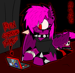 Size: 1630x1604 | Tagged: safe, artist:xxv4mp_g4z3rxx, oc, oc:violet valium, bat pony, pony, 3ds, bags under eyes, bat pony oc, bed, clothes, clubhouse games, collar, eyeshadow, faygo, hoodie, hospital band, lying down, makeup, piercing, ponyloaf, prone, red eyes, scar, socks, solo, spiked collar, spiked wristband, stable-tec, striped socks, tail, two toned mane, two toned tail, wristband