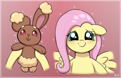 Size: 2372x1532 | Tagged: safe, artist:heretichesh, fluttershy, buneary, pegasus, pony, g4, blushing, cute, daaaaaaaaaaaw, duo, floppy ears, holding a pokemon, looking at each other, looking at someone, pokémon, shyabetes, signature, smiling, smiling at each other, sparkles