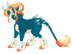 Size: 3600x2700 | Tagged: safe, artist:gigason, oc, oc only, oc:longhorn, changepony, hybrid, blaze (coat marking), blue sclera, cloven hooves, coat markings, colored hooves, cyan eyes, facial markings, frown, gradient hooves, gradient horn, hair bun, high res, horn, horns, interspecies offspring, leonine tail, looking back, magical gay spawn, obtrusive watermark, offspring, pale belly, parent:pharynx, parent:sunburst, raised hoof, simple background, socks (coat markings), solo, standing, tail, transparent background, unshorn fetlocks, unsure, watermark