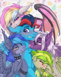 Size: 2594x3237 | Tagged: oc name needed, safe, artist:trickate, oc, oc only, oc:andrew swiftwing, oc:menesiena mirksetine, oc:proffy floyd, bat pony, pegasus, pony, bat pony oc, bisexual, biting, blushing, bracelet, cheek fluff, chest fluff, collar, ear bite, ear fluff, eyes closed, fangs, female, gay, high res, jewelry, looking at someone, male, spiked collar, sunglasses, tongue out, wings