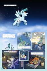 Size: 2079x3142 | Tagged: safe, artist:captainhoers, oc, oc only, oc:concorde, pegasus, pony, comic:stardust:the sky belongs to no one, bed, book, comic, cutiespark, flying, foal, high res, implied soarin', implied spitfire, looking up, manehattan, narration, nonbinary, offspring, on bed, parent:soarin', parent:spitfire, parents:soarinfire, phone, post-it, solo, space, statue of friendship, text box