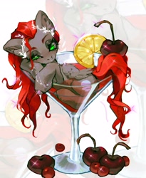Size: 3354x4096 | Tagged: safe, artist:p0nyplanet, oc, oc only, oc:void, pegasus, pony, blushing, cherry, cup, cup of pony, female, food, laurel wreath, lemon, mare, martini glass, micro, nose piercing, nose ring, piercing, solo, zoom layer