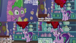 Size: 2000x1125 | Tagged: safe, edit, edited screencap, editor:quoterific, screencap, spike, starlight glimmer, dragon, pony, unicorn, all bottled up, g4, anger magic, cup, floppy ears, kitchen, magic, teacup, twilight's castle