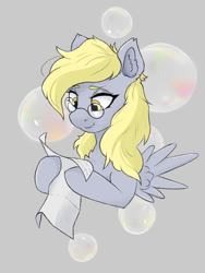 Size: 600x800 | Tagged: safe, artist:uberponya, derpy hooves, pegasus, pony, g4, bubble, bust, chest fluff, colored eyebrows, cutie mark background, ear fluff, female, glasses, holding, lidded eyes, mare, paper, reading, smiling, spread wings, underp, wings