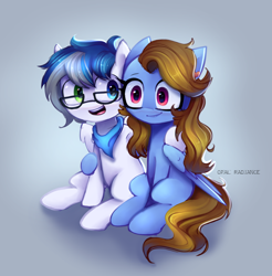 Size: 2800x2840 | Tagged: safe, artist:opal_radiance, oc, oc only, pegasus, pony, duo, glasses, heterochromia, high res, hug, looking at someone, open mouth, pegasus oc, sitting