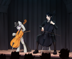 Size: 2535x2100 | Tagged: safe, artist:inowiseei, octavia melody, earth pony, human, pony, g4, cello, clothes, crossover, duo focus, female, high res, mare, musical instrument, sitting, wednesday addams