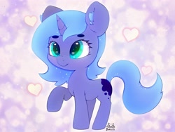 Size: 4000x3000 | Tagged: safe, artist:zokkili, princess luna, pony, g4, beanbrows, cute, ear fluff, eyebrows, female, heart, heart eyes, high res, horn, lunabetes, raised hoof, signature, smiling, solo, wingding eyes, wingless