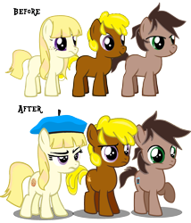 Size: 1677x1956 | Tagged: safe, oc, oc only, oc:carat, oc:danishya, earth pony, pony, fanfic:full friendship's magic, base used, before and after, colt, fanfic, female, filly, fimfiction, foal, freckles, hat, lidded eyes, male, raised hoof, simple background, smiling, transparent background, trio, vector