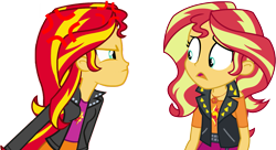 Size: 1769x963 | Tagged: safe, artist:evilasio, sunset shimmer, oc, oc:evil sunset shimmer, human, equestria girls, g4, alternate universe, bad future, confrontation, cross-popping veins, emanata, paradox, present, punkset shimmer, simple background, time travel, transparent background