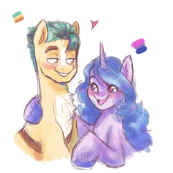 Size: 1350x1350 | Tagged: safe, artist:twillow, hitch trailblazer, izzy moonbow, earth pony, pony, unicorn, g5, blushing, chest fluff, duo, duo male and female, female, looking at each other, looking at someone, male, ship:moontrail, shipping, simple background, smiling, smiling at each other, spanish, stallion, straight, unshorn fetlocks, white background