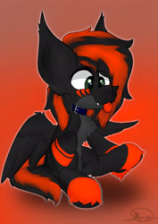 Size: 3056x4320 | Tagged: safe, artist:darky, oc, oc only, oc:darky, bat pony, pegasus, pony, collar, red and black oc, sitting, solo, tongue out, unshorn fetlocks