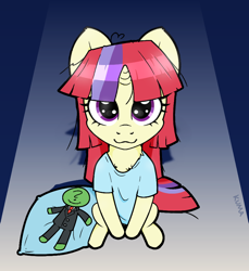Size: 824x900 | Tagged: safe, artist:kumakum, moondancer, oc, oc:anon, pony, unicorn, g4, :3, clothes, cute, dancerbetes, digital art, doll, female, looking at you, pillow, shiny eyes, shirt, sitting, smiling, smiling at you, solo, toy, wholesome