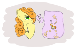 Size: 640x407 | Tagged: safe, artist:ponypharmacist, carrot top, golden harvest, earth pony, pony, fanfic:the purloined pony, g4, fanfic art, pondering, simple background, solo, thinking, white background