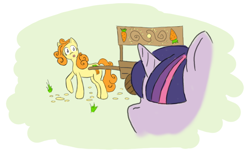 Size: 640x396 | Tagged: safe, artist:ponypharmacist, carrot top, golden harvest, twilight sparkle, earth pony, pony, unicorn, fanfic:the purloined pony, g4, ambush, carrot, cart, fanfic art, food, simple background, white background