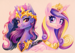 Size: 1709x1200 | Tagged: safe, artist:maytee, princess cadance, alicorn, pony, g4, bust, colored pencil drawing, commission, crown, duality, evil grin, eyelashes, fangs, feather, female, flowing mane, folded wings, grin, heart, horn, jewelry, looking at you, mare, multicolored hair, nightmare cadance, nightmarified, peytral, pink eyes, portrait, purple eyes, regalia, simple background, slit pupils, smiling, smiling at you, solo, teeth, traditional art, white background, wings