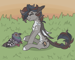 Size: 5000x4000 | Tagged: safe, artist:polish_pigeon, oc, bat kirin, bat pony, bird, hybrid, kirin, pigeon, winged kirin, auburn fall, chest fluff, cute, eyes closed, male, sitting, smiling, stallion, sunset