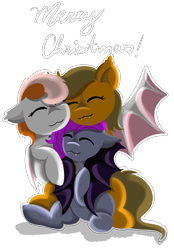 Size: 1640x2360 | Tagged: safe, artist:juliana, oc, oc only, oc:dream strider, oc:night shade, oc:summer dawn, bat pony, pony, bat pony oc, christmas, holiday, hug, hug from behind, merry christmas, simple background, snuggling, transparent background, wholesome, winghug, wings