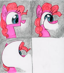 Size: 3531x4000 | Tagged: safe, artist:ja0822ck, pinkie pie, earth pony, pony, g4, 4 panel comic, big smile, bust, comic, cyriak, ear fluff, female, gray background, impossibly large smile, laughing, mare, not salmon, open mouth, open smile, simple background, smiling, solo, traditional art, void, wat