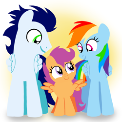 Size: 1400x1400 | Tagged: safe, artist:mlplary6, rainbow dash, scootaloo, soarin', pegasus, pony, g4, boyfriend and girlfriend, female, filly, foal, looking at each other, looking at someone, male, mare, scootalove, ship:soarindash, shipping, siblings, sisters, smiling, smiling at each other, stallion, straight