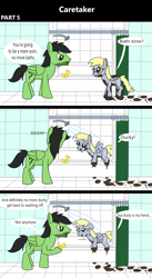 Size: 1920x3516 | Tagged: safe, artist:platinumdrop, derpy hooves, oc, oc:anon, oc:anon stallion, pegasus, pony, comic:caretaker, series:caretaker, g4, 3 panel comic, angry, bathroom, bathtub, caretaker, comic, commission, covered in mud, crying, dialogue, dirty, duo, duo male and female, ears back, excited, female, filly, filly derpy, floppy ears, foal, folded wings, happy, indoors, male, messy, mud, muddy, onomatopoeia, open mouth, open smile, rubber duck, sad, scolding, series, shower, shower curtain, showering, smiling, sniffing, sound effects, speech bubble, spread wings, stallion, stern, stubble, talking, toy, washing, water, wet, wet mane, wings, wings down, younger