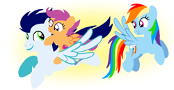 Size: 1980x1020 | Tagged: safe, artist:mlplary6, rainbow dash, scootaloo, soarin', pegasus, pony, g4, adoptive siblings, boyfriend and girlfriend, female, filly, flying, foal, looking at each other, looking at someone, male, mare, scootalove, ship:soarindash, shipping, siblings, sisters, smiling, smiling at each other, stallion, straight