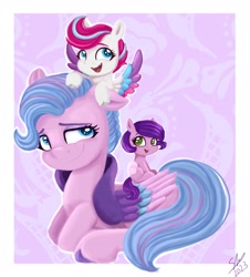 Size: 3290x3642 | Tagged: safe, artist:galaxy swirl, pipp petals, queen haven, zipp storm, pegasus, pony, g5, spoiler:g5, adorahaven, adorapipp, adorazipp, climbing, cute, daaaaaaaaaaaw, female, filly, filly pipp petals, filly zipp storm, folded wings, happy, high res, looking at someone, looking away, looking up, lying down, mare, mother and child, mother and daughter, open mouth, open smile, outline, passepartout, prone, royal sisters (g5), siblings, sisters, sitting, smiling, spread wings, tooth gap, trio, unshorn fetlocks, weapons-grade cute, white outline, wings, younger
