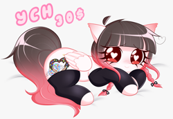 Size: 1558x1080 | Tagged: safe, artist:arwencuack, oc, oc only, advertisement, blushing, braid, clothes, commission, commission info, heart, heart eyes, lying down, prone, simple background, solo, stockings, thigh highs, white background, wingding eyes, ych result