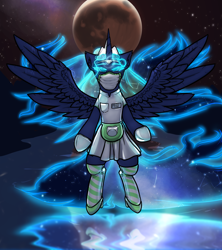 Size: 3200x3600 | Tagged: safe, alternate version, artist:krd, princess luna, alicorn, pony, g4, alternate universe, apron, brainwashing, circlet, clothes, crown, dentist fetish, dialogue, dream, dream walker luna, dress, eclipse, ethereal mane, female, floating, gloves, high heels, high res, hoof shoes, horn, hypno eyes, hypnogear, hypnosis, hypnotized, jewelry, latex, latex dress, latex gloves, latex socks, latex stockings, looking at you, lunar eclipse, mare, mask, moon, name tag, night, night sky, nurse, nurse outfit, raised hoof, reflection, regalia, river, rubber, shoes, sky, socks, spread wings, starry mane, stars, stockings, surgical mask, swirly eyes, textless version, thigh highs, water, wingding eyes, wings