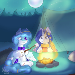 Size: 2048x2048 | Tagged: safe, artist:merisa, oc, oc only, pegasus, pony, unicorn, campfire, camping, duo, high res, moon, night, shooting star, tent
