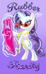 Size: 2775x4451 | Tagged: safe, artist:hornbuckle, rarity, latex pony, original species, pony, unicorn, g4, badge, con badge, dressmaking, glasses, glowing, glowing horn, gradient background, horn, latex, magic, makeup, measuring tape, rarity's glasses, rubber, standing, standing on two hooves, telekinesis, tools