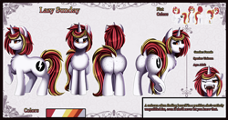 Size: 4796x2529 | Tagged: safe, artist:pridark, oc, oc:lazy sunday, pony, unicorn, butt, butt freckles, chest fluff, dock, featureless crotch, freckles, one eye closed, plot, reference sheet, solo, tail, tongue out, underhoof