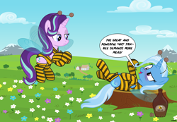 Size: 6500x4500 | Tagged: safe, artist:a4r91n, starlight glimmer, trixie, bee, bee pony, insect, original species, pony, unicorn, g4, absurd resolution, alcohol, animal costume, bee costume, blushing, clothes, costume, crossed hooves, drink, drunk, flower, leotard, mountain, scenery, socks, speech bubble, starlight glimmer is not amused, striped socks, tree stump, unamused