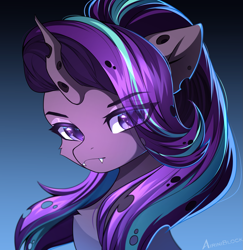 Size: 1497x1541 | Tagged: safe, artist:airiniblock, starlight glimmer, changeling, pony, unicorn, rcf community, g4, blue background, bust, changelingified, chest fluff, digital art, eye clipping through hair, fangs, female, flowing mane, gradient background, horn, icon, looking at you, looking back, looking back at you, mare, purple changeling, purple eyes, purple mane, signature, solo, species swap, teeth