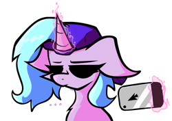 Size: 4715x3332 | Tagged: safe, artist:foxtrnal, oc, oc only, oc:cybermare, pony, unicorn, ..., backwards ballcap, baseball cap, bust, cap, hat, looking at you, loveweb, magic, phone, simple background, solo, telekinesis, transparent background