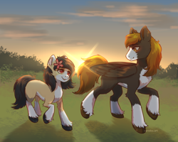 Size: 2500x2000 | Tagged: safe, artist:vaneko, oc, oc only, oc:liliya krasnyy, oc:punish mittet, earth pony, pegasus, pony, artfight, cute, father and child, father and daughter, female, filly, foal, high res, looking at each other, looking at someone, male, smiling, sunset, trotting