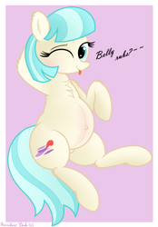 Size: 2655x3813 | Tagged: safe, artist:rainbowšpekgs, coco pommel, earth pony, pony, g4, :p, belly, belly blush, belly button, big belly, blushing, chest fluff, coco preggo, cocobetes, cute, female, high res, looking at you, mare, one eye closed, outie belly button, pregnant, sitting, tongue out, wink
