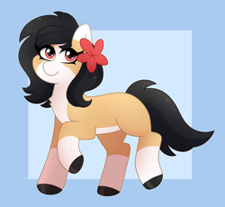 Size: 2546x2347 | Tagged: safe, artist:emera33, oc, oc:liliya krasnyy, earth pony, pony, artfight, flower, flower in hair, high res, looking at you, smiling