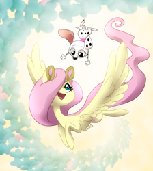 Size: 1000x1114 | Tagged: safe, artist:miles, artist:themiles, fluttershy, butterfly, dalmatian, dog, pegasus, pony, g4, 101 dalmatian street, 101 dalmatians, bow, colored ears, crossover, destiny (101 dalmatian street), duo, female, flying, hair bow, hair over one eye, looking at each other, looking at someone, looking up, mare, midair, open mouth, open smile, puppy, smiling, spread wings, turned head, wings