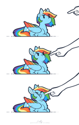 Size: 4288x6789 | Tagged: safe, artist:evehly, rainbow dash, human, pegasus, pony, g4, absurd resolution, beady eyes, behaving like a cat, boop, boop denied, cartoon physics, chest fluff, colored wings, colored wingtips, comic, cute, dashabetes, do not want, eye clipping through hair, eyebrows, eyebrows visible through hair, featured image, female, finger, floppy ears, folded wings, funny, glare, grumpy, hand, how about no, imminent boop, lying down, mare, multicolored wings, narrowed eyes, non-consensual booping, nope, offscreen character, ponyloaf, prone, rainbow dash is best facemaker, rainbow wings, recoil, scrunchy face, signature, simple background, solo focus, wat, white background, wing fluff, wings