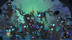 Size: 5336x3000 | Tagged: safe, artist:luca games, ocellus, pharynx, queen chrysalis, thorax, changeling, changeling queen, g4, chrysarax, female, male, pre changedling ocellus, shipping, straight