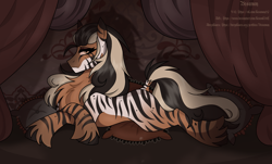 Size: 2595x1564 | Tagged: safe, artist:besamon, oc, hybrid, zebra, zebroid, zony, fallout equestria, arabic, chest fluff, detailed background, female, fluffy, lying down, shading, solo, stripes, watermark, zebra oc