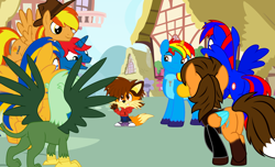 Size: 5360x3260 | Tagged: safe, artist:shieldwingarmorofgod, oc, oc:ej, oc:firey ratchet, oc:flare spark, oc:gregory griffin, oc:lachlan dingo, oc:shield wing, oc:stephen (stephen-fisher), oc:train track, alicorn, dingo, griffon, pegasus, pony, unicorn, g4, butt, clothes, fedora, female, fox tail, hat, hoodie, jacket, male, plot, ponyville, shoes, spread wings, tail, the fire lightning squad, waving, wings