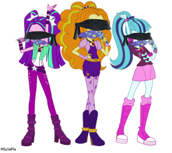 Size: 3500x3116 | Tagged: safe, artist:mixiepie, edit, adagio dazzle, aria blaze, sonata dusk, human, equestria girls, g4, 1000 years in photoshop, blindfold, boots, cloth gag, clothes, fetish, gag, high res, microphone, shoes, simple background, the dazzlings, transparent background, trio, vector