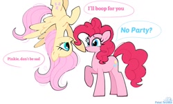 Size: 1024x620 | Tagged: safe, artist:petaltwinkle, fluttershy, pinkie pie, earth pony, pegasus, pony, g4, boop, cute, dialogue, diapinkes, female, mare, meme, no bitches?, nose wrinkle, shyabetes, signature, simple background, speech bubble, spread wings, teary eyes, upside down, white background, wings