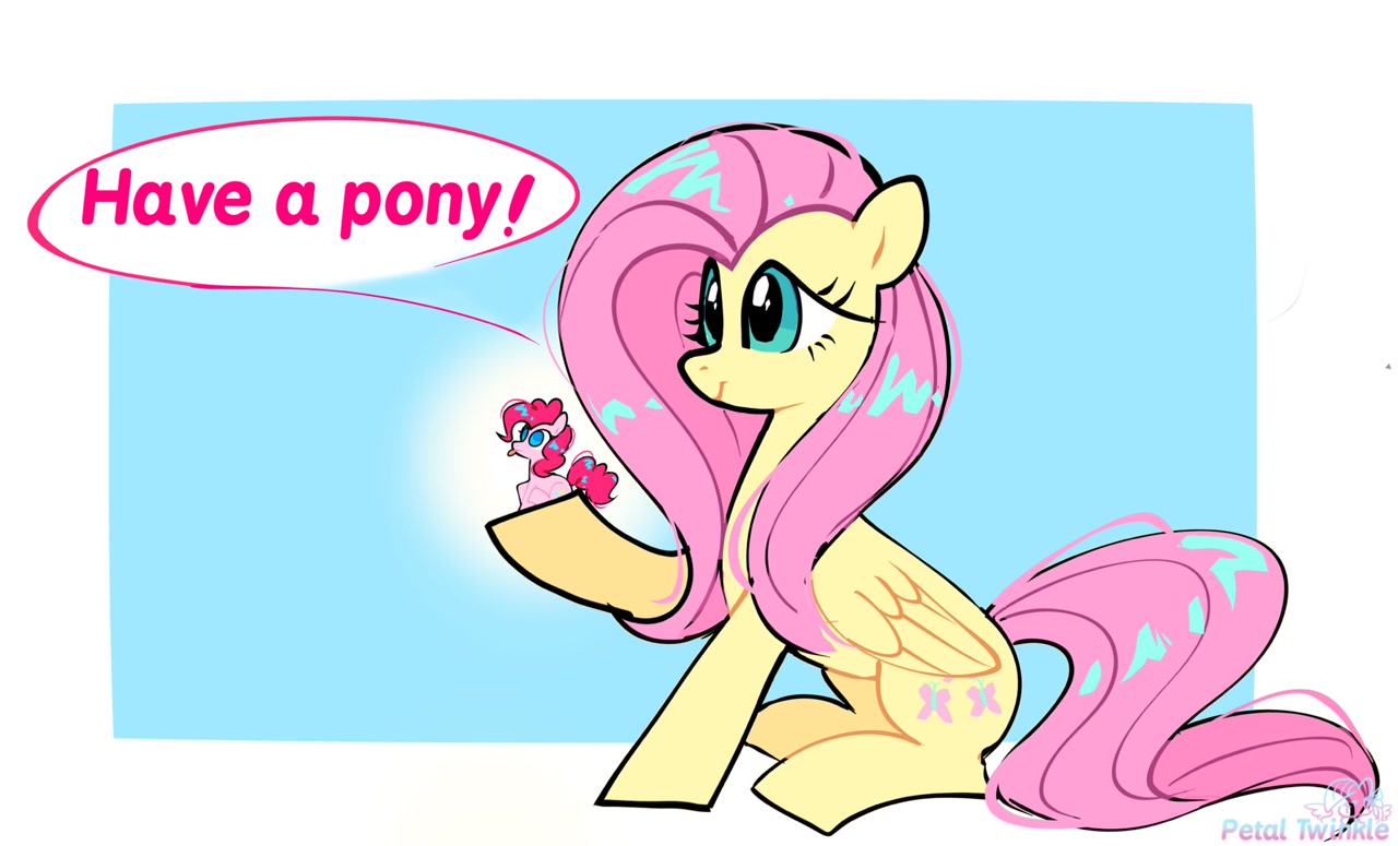 [cute,dialogue,duo,earth pony,female,fluttershy,in goliath's palm,mare,micro,pegasus,pinkie pie,pony,safe,sitting,size difference,speech bubble,tiny,tiny ponies,tongue out,shyabetes,diapinkes,smiling,artist:petaltwinkle]